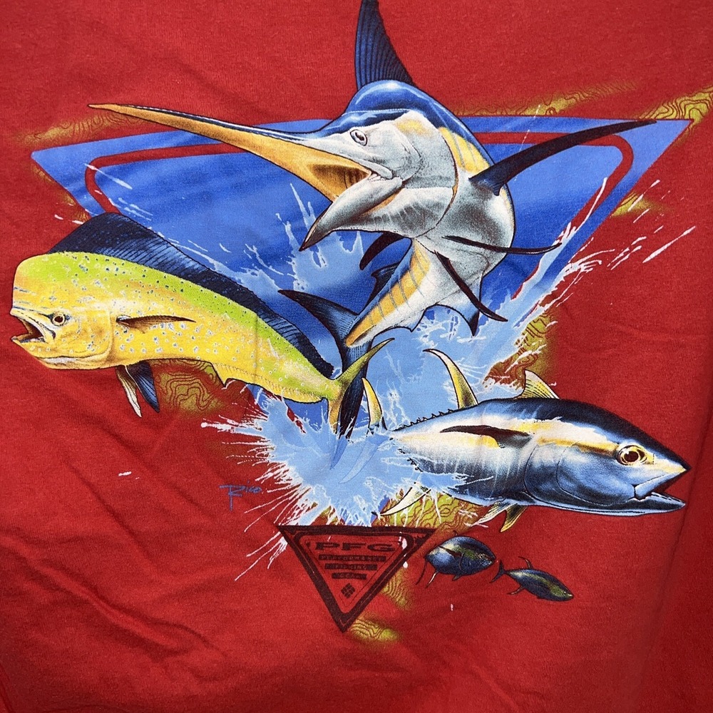 Columbia T Shirt Men's medium Red Short Sleeve Fish - Picture 4 of 4